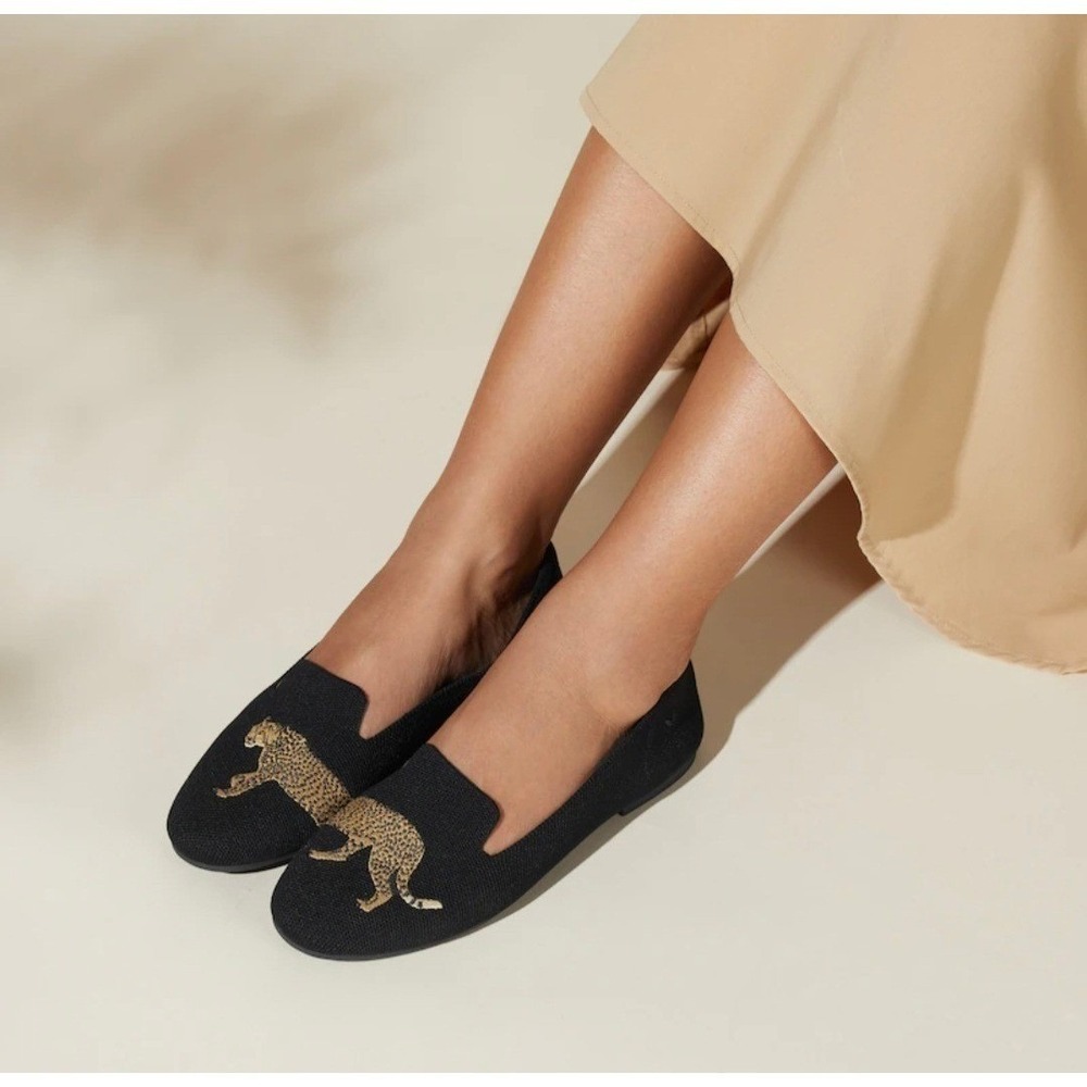 VIVAIA Audrey Black Cheetah Embroidered Knit Loafers Flats EU 41 US 9.5